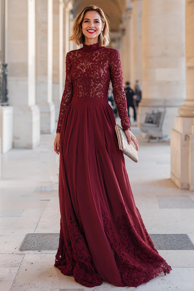 Burgundy Chiffon High Neck A-Line Long Sleeves Mother of the Bride Dress with Lace