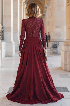 Burgundy Chiffon High Neck A-Line Long Sleeves Mother of the Bride Dress with Lace