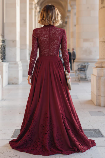 Burgundy Chiffon High Neck A-Line Long Sleeves Mother of the Bride Dress with Lace