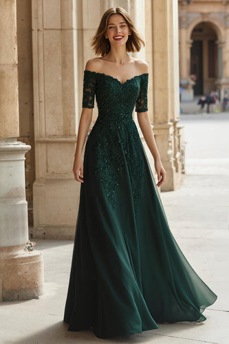 Pine Green Chiffon A-Line Off the Shoulder Long Mother of the Bride Dress with Beading