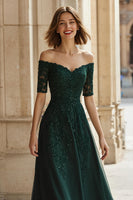 Load image into Gallery viewer, Pine Green Chiffon A-Line Off the Shoulder Long Mother of the Bride Dress with Beading