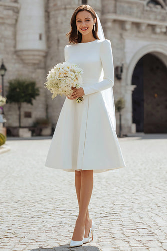 Ivory Satin Midi A Line Midi Wedding Dress with Sleeves