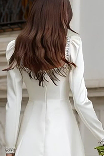 Sparkly Ivory Satin A Line Sleeves Short Wedding Dress with Beading