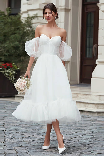 Ivory Tulle A Line Off the Shoulder Midi Wedding Dress with Ruffles