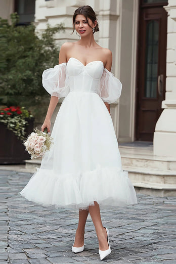 Ivory Tulle A Line Off the Shoulder Midi Wedding Dress with Ruffles