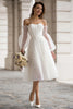 Load image into Gallery viewer, Ivory A Line Off the Shoulder Midi Wedding Dress with Sleeves