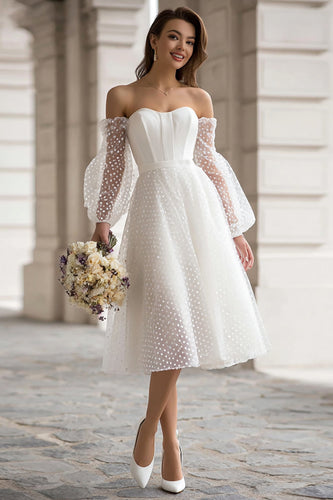 Ivory A Line Off the Shoulder Midi Wedding Dress with Sleeves