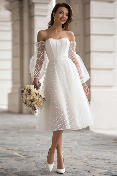 Ivory A Line Off the Shoulder Midi Wedding Dress with Sleeves