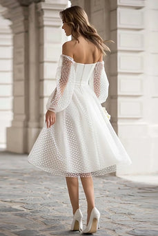 Ivory A Line Off the Shoulder Midi Wedding Dress with Sleeves