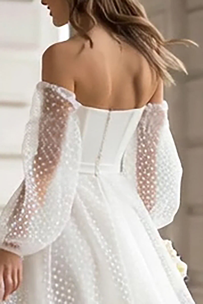 Load image into Gallery viewer, Ivory A Line Off the Shoulder Midi Wedding Dress with Sleeves