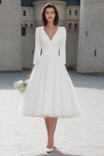 Ivory Tulle V-Neck A Line Midi Wedding Dress with Sleeves