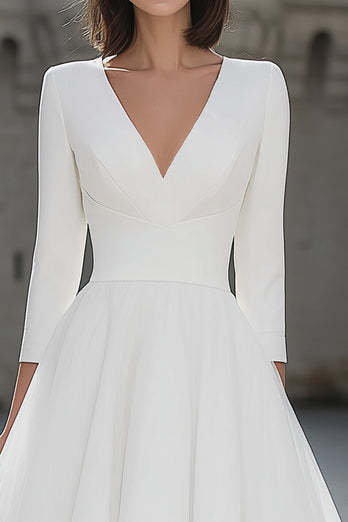 Ivory Tulle V-Neck A Line Midi Wedding Dress with Sleeves