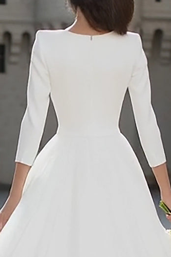 Ivory Tulle V-Neck A Line Midi Wedding Dress with Sleeves