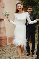 Load image into Gallery viewer, Ivory Bodycon Satin Off the Shoulder Short Wedding Dress with Feathers