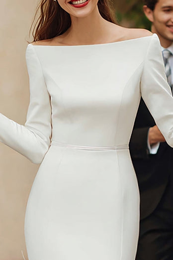 Ivory Bodycon Satin Off the Shoulder Short Wedding Dress with Feathers