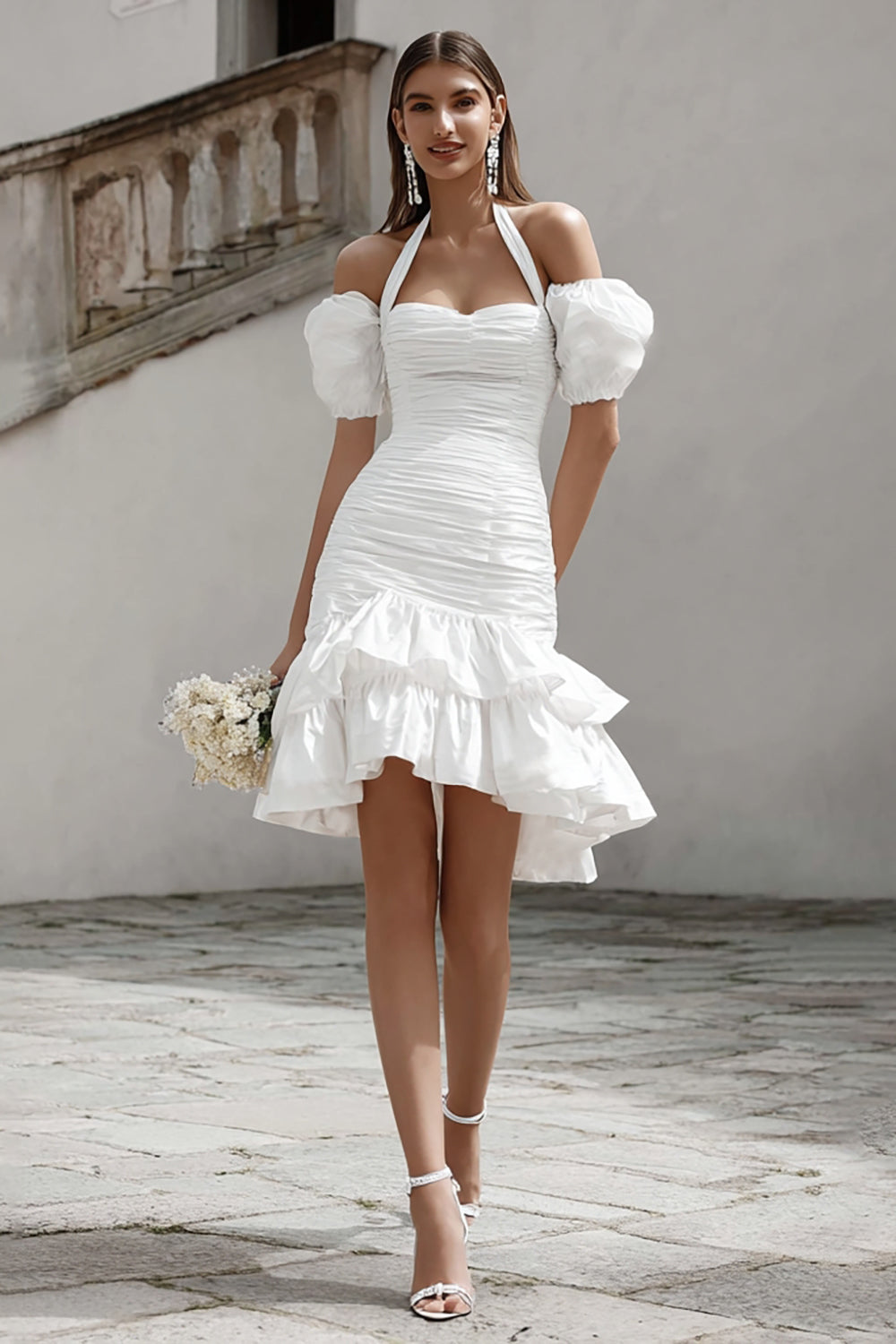 Ivory Bodycon Halter Tiered Short Bridal Shower Dress with Ruffles