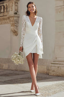 Load image into Gallery viewer, Ivory Bodycon V-Neck Lace Sleeves Short Bridal Shower Dress with Sash