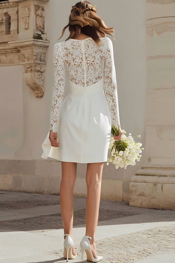 Ivory Bodycon V-Neck Lace Sleeves Short Bridal Shower Dress with Sash