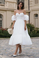 Load image into Gallery viewer, Ivory Organza A Line Off the Shoulder Midi Wedding Dress