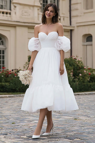 Ivory Organza A Line Off the Shoulder Midi Wedding Dress
