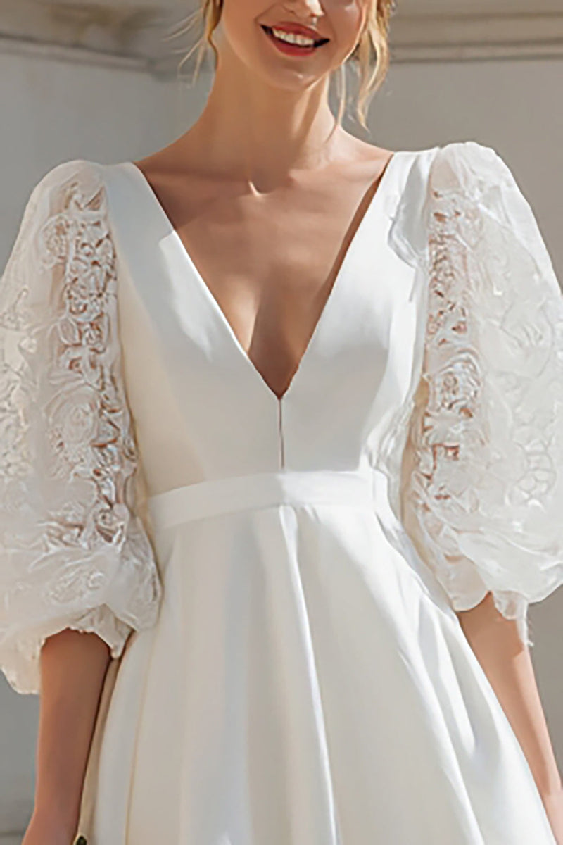Load image into Gallery viewer, Ivory Satin V-Neck A Line Short Bridal Shower Dress with Lace