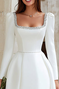 Sparkly Ivory A Line Satin Short Bridal Shower Dress with Beading