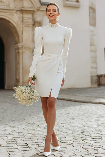 Sparkly Ivory Bodycon High Neck Short Bridal Shower Dress with Slit