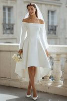 Load image into Gallery viewer, Ivory Satin Off the Shoulder High-Low Wedding Dress with Sleeves