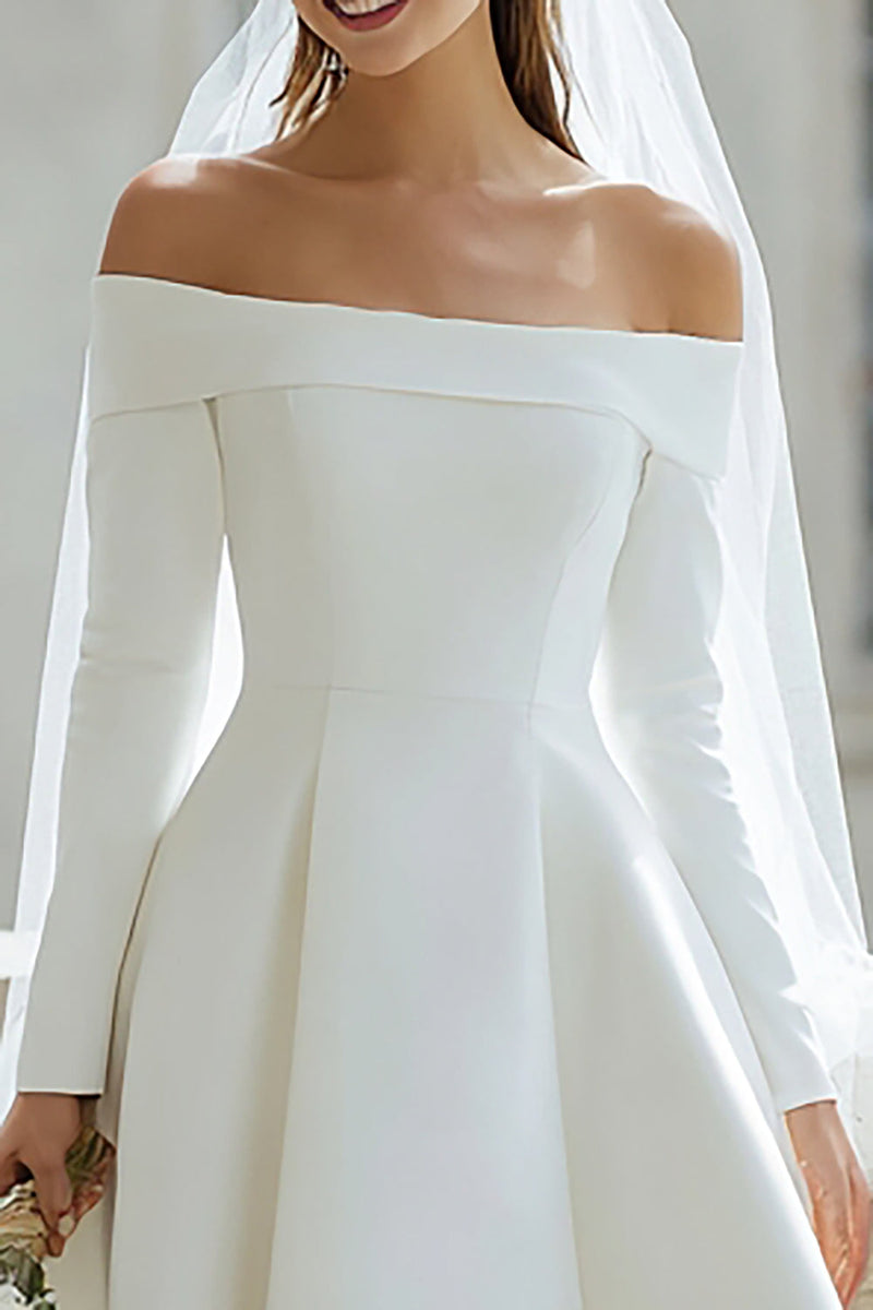 Load image into Gallery viewer, Ivory Satin Off the Shoulder High-Low Wedding Dress with Sleeves