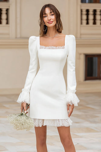Ivory Satin Square Neck Ruffled Short Bridal Shower Dress with Lace