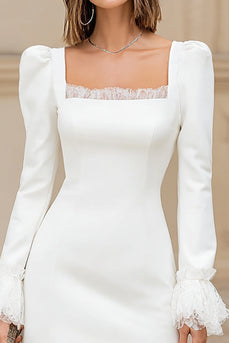 Ivory Satin Square Neck Ruffled Short Bridal Shower Dress with Lace