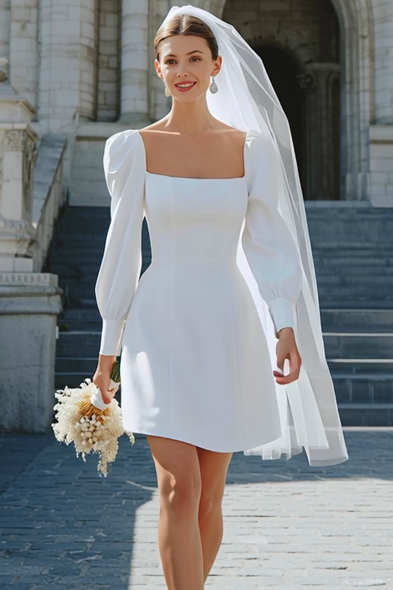 Load image into Gallery viewer, Ivory Satin A Line Square Neck Short Wedding Dress with Sleeves