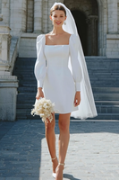 Load image into Gallery viewer, Ivory Satin A Line Square Neck Short Wedding Dress with Sleeves