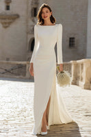 Load image into Gallery viewer, Ivory Sheath Bateau Neck Long Sleeves Bridal Dress with Slit