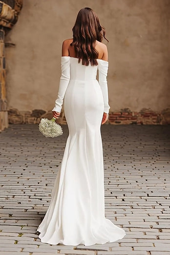 Ivory Mermaid Crepe Off The Shoulder Sweep Train Wedding Dress with Slit