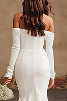 Load image into Gallery viewer, Ivory Mermaid Crepe Off The Shoulder Sweep Train Wedding Dress with Slit
