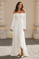 Load image into Gallery viewer, Ivory Satin Off the Shoulder Maxi Engagement Dress with Sleeves