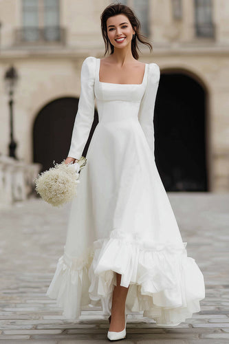 Ivory Satin A Line Square Neck Maxi Engagement Dress with Ruffles