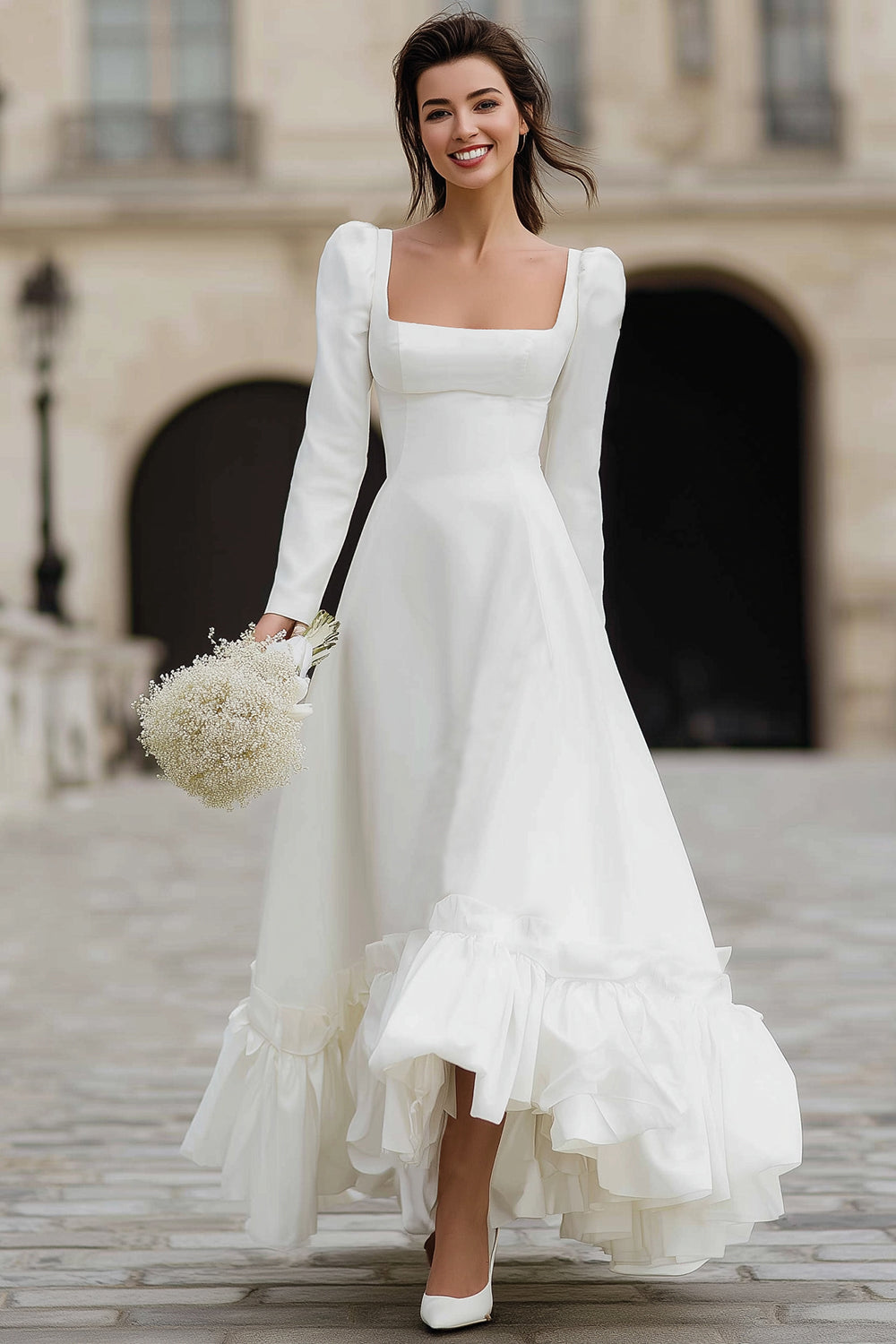 Ivory Satin A Line Square Neck Maxi Engagement Dress with Ruffles