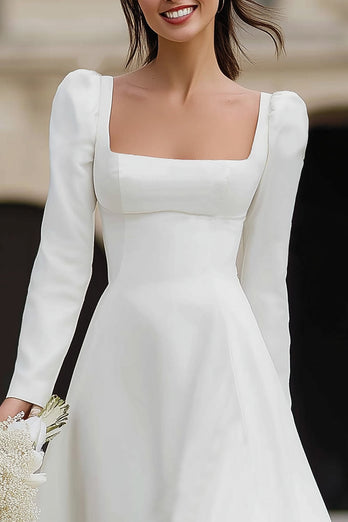 Ivory Satin A Line Square Neck Maxi Engagement Dress with Ruffles
