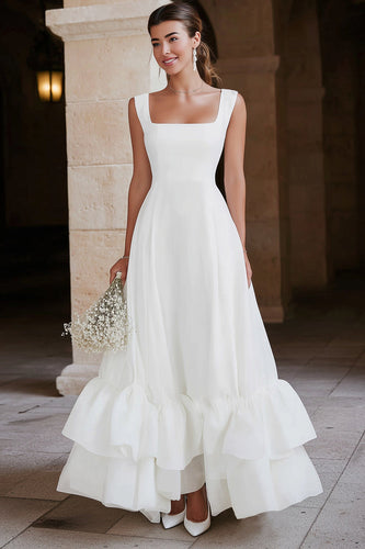 Ivory Satin A Line Tiered Maxi Engagement Dress with Ruffles