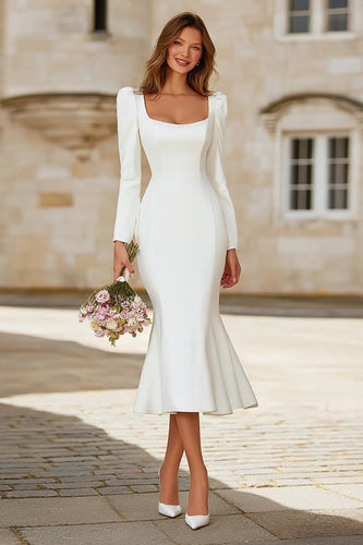 Ivory Mermaid Square Neck Long Sleeves Engagement Dress