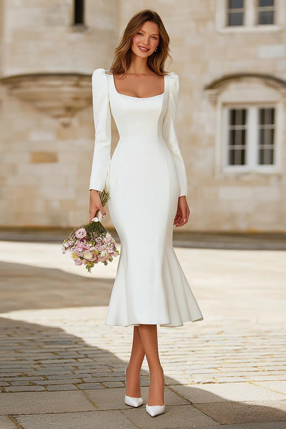 Ivory Mermaid Square Neck Long Sleeves Engagement Dress