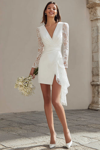 Ivory V-Neck Bodycon Lace Sleeves Short Bridal Shower Dress with Sash