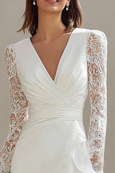 Ivory V-Neck Bodycon Lace Sleeves Short Bridal Shower Dress with Sash