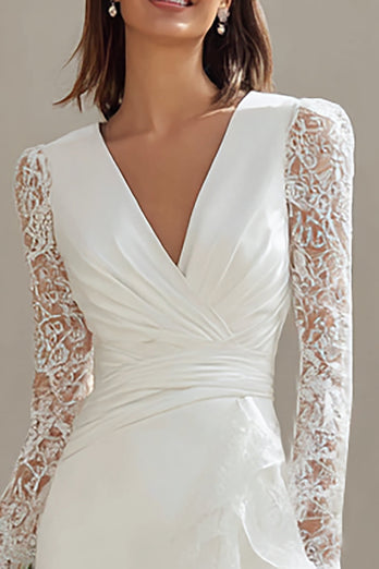 Ivory V-Neck Bodycon Lace Sleeves Short Bridal Shower Dress with Sash