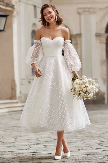 Ivory Tulle A Line Off the Shoulder Midi Wedding Dress