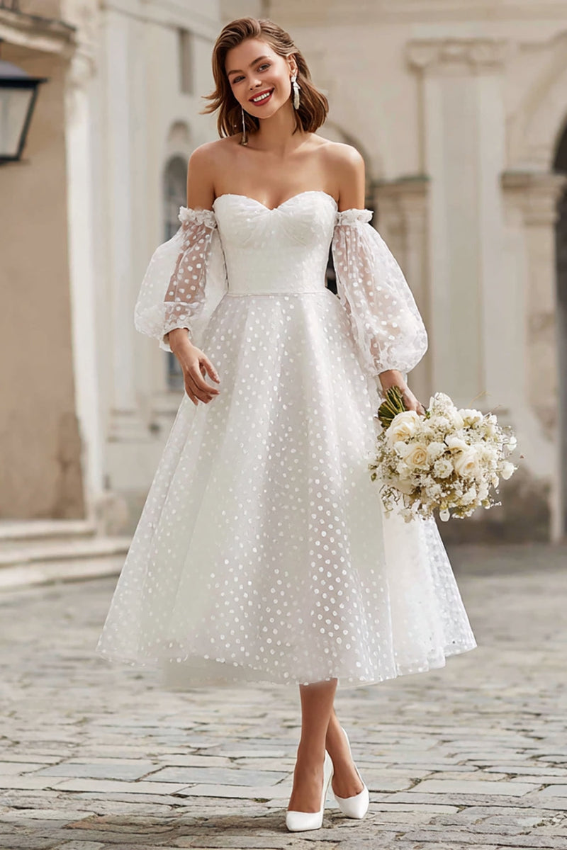 Load image into Gallery viewer, Ivory Tulle A Line Off the Shoulder Midi Wedding Dress