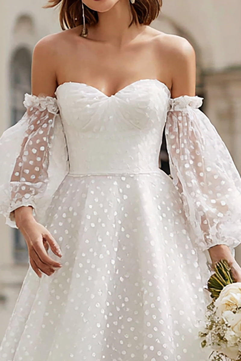 Load image into Gallery viewer, Ivory Tulle A Line Off the Shoulder Midi Wedding Dress