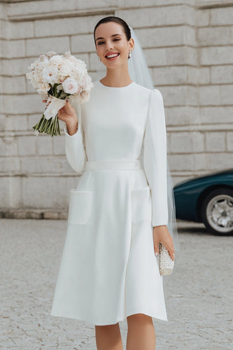 Ivory Round Neck  A Line Long Sleeves Short Wedding Dress with Pockets